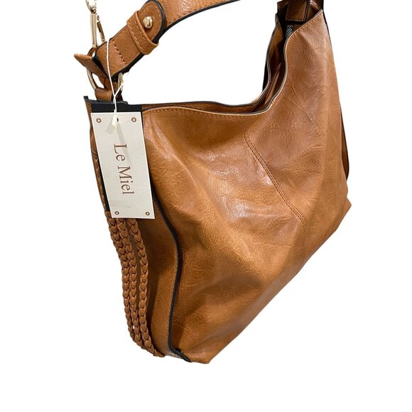 Le Miel Vegan Leather Tote Crossbody Bag Cognac Brown Large Braided Strap - Picture 14 of 14
